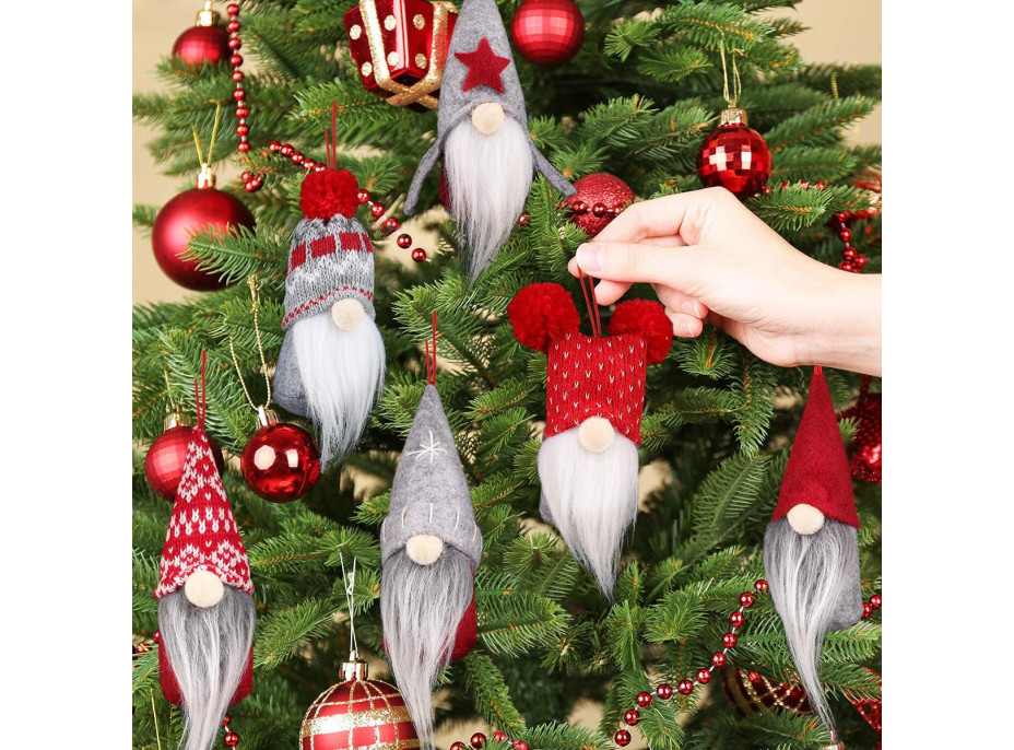 Vianočná závesná ozdoba na stromček - škriatok - 16 cm - šedý / červený