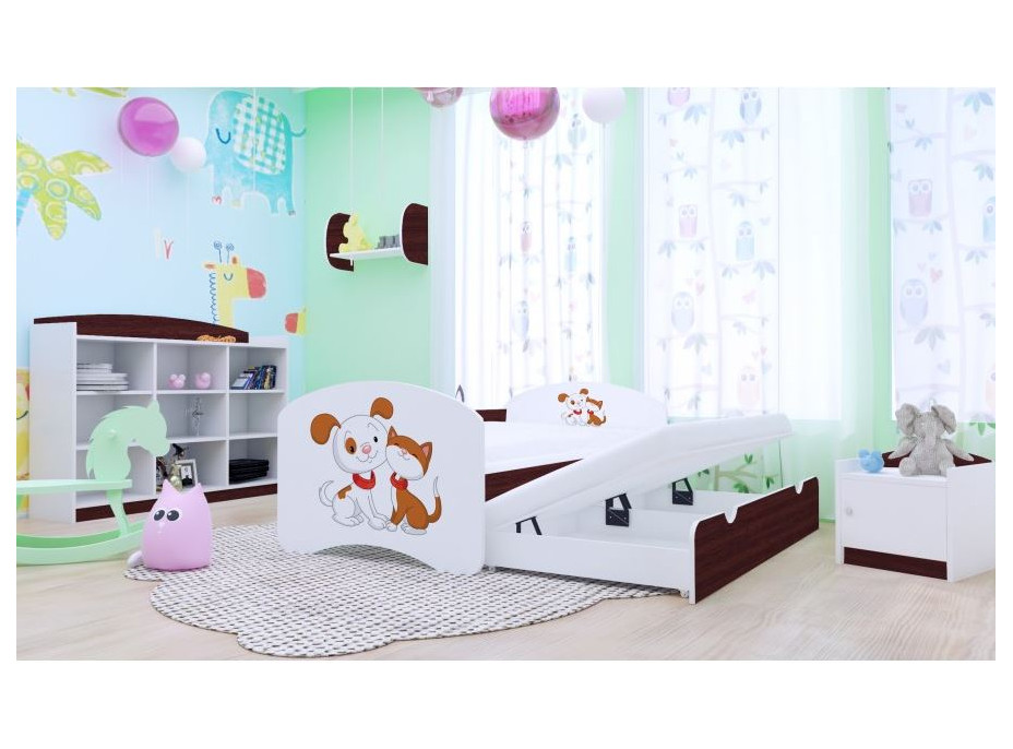 Detská posteľ pre DVOCH (s výsuvným lôžkom) 180x90 cm - PSÍK A MAČIČKA