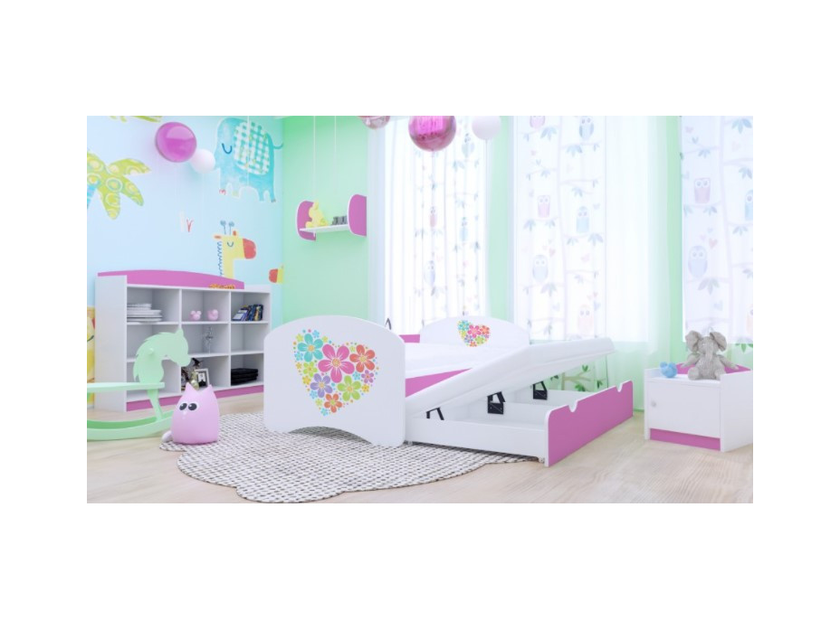 Detská posteľ pre DVA (s výsuvným lôžkom) 160x80 cm - KVETINKY v srdiečku
