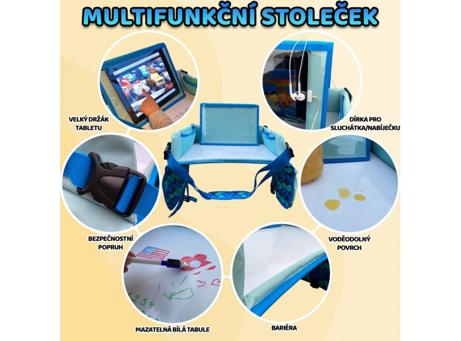 Detský multifunkčný cestovný stolček s kresliacou tabuľou - modrý