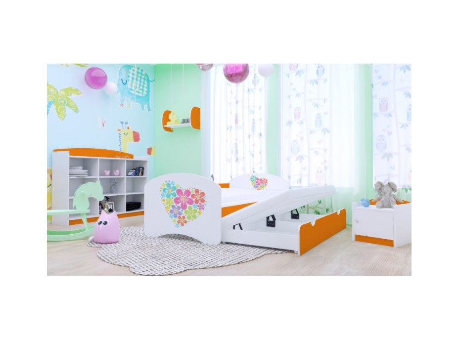 Detská posteľ pre DVOCH (s výsuvným lôžkom) 200x90 cm - KYTIČKY V SRDIEČKU