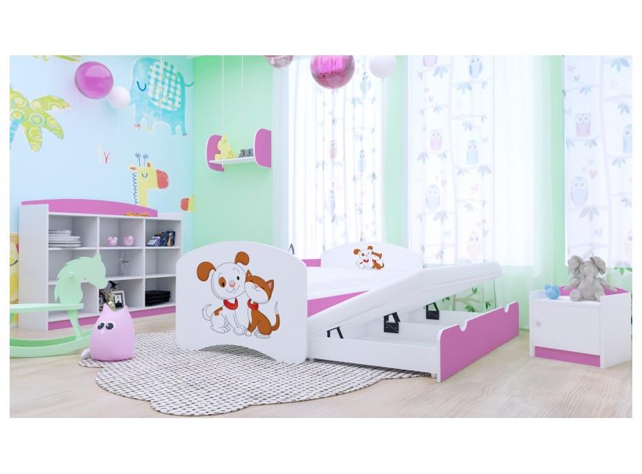 Detská posteľ pre DVA (s výsuvným lôžkom) 200x90 cm - PSÍK A MAČIČKA