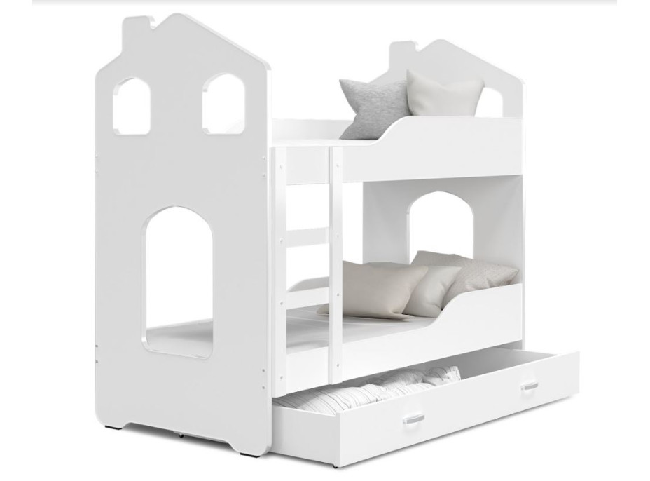 Detská domčekové poschodová posteľ Dominik so zásuvkou BIELA - 190x80 cm