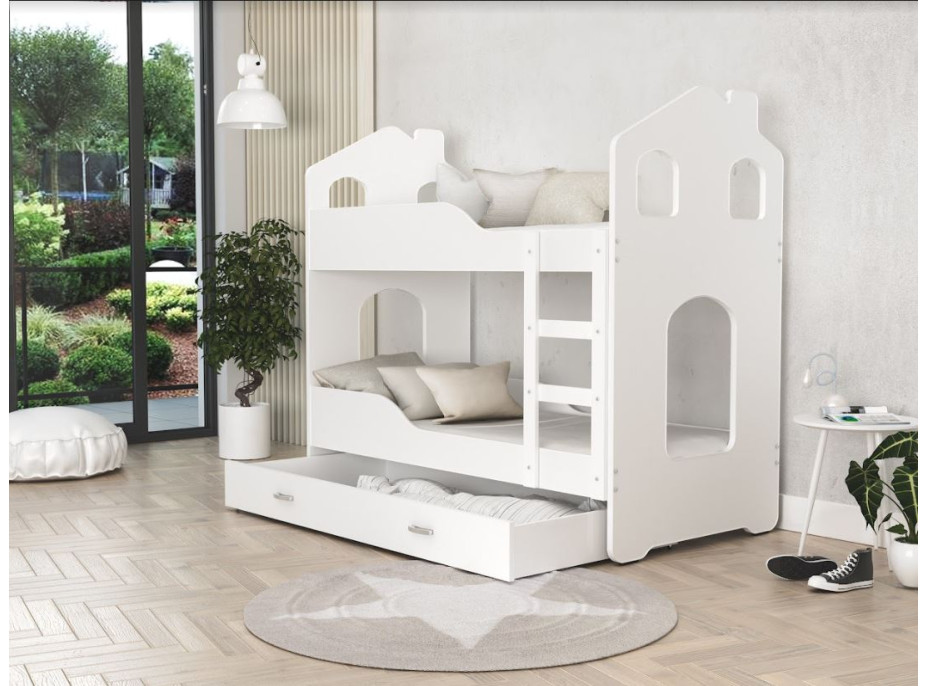Detská domčekové poschodová posteľ Dominik so zásuvkou BIELA - 160x80 cm