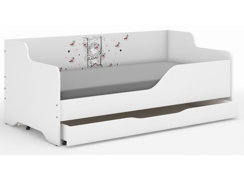 Detská posteľ LOLA - Dievča na hojdačke 160x80 cm - grafika na bočnici