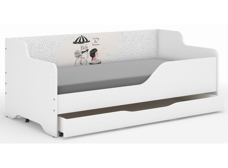 Detská posteľ LOLA - DIEVČA NA VÝLETE 160x80 cm - grafika na bočnici
