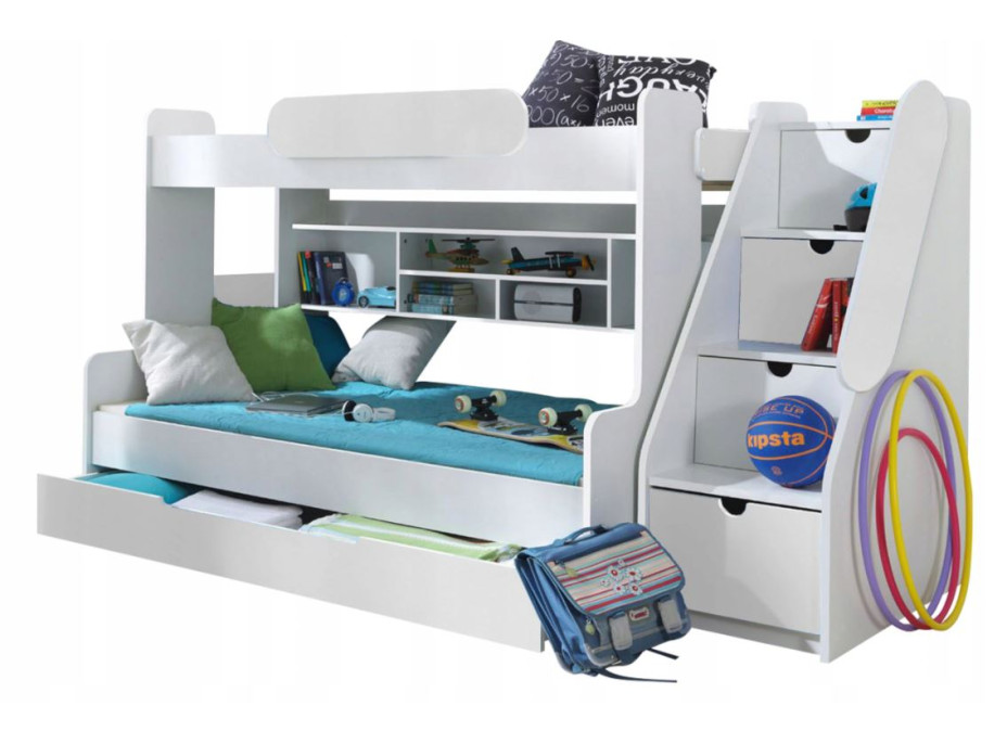 Detská poschodová posteľ s rozšíreným spodným lôžkom a šuplíkom SEGAN biela - 200x90/120 cm