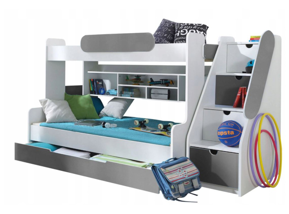 Detská poschodová posteľ s rozšíreným spodným lôžkom a šuplíkom SEGAN bielo-šedá - 200x90/120 cm