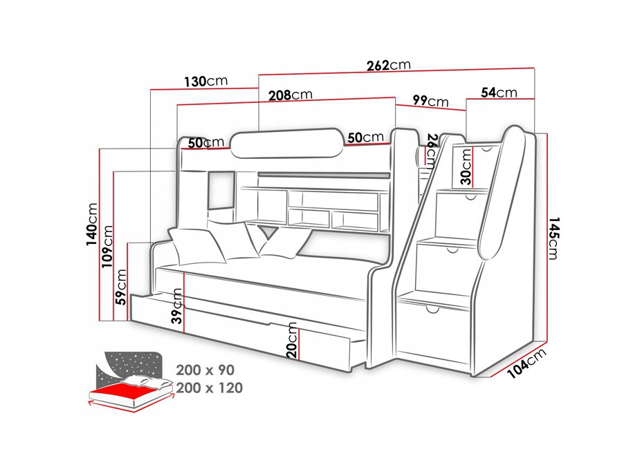 Detská poschodová posteľ s rozšíreným spodným lôžkom a šuplíkom SEGAN bielo-šedá - 200x90/120 cm