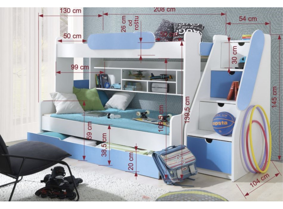 Detská poschodová posteľ s rozšíreným spodným lôžkom a šuplíkom SEGAN biela - 200x90/120 cm