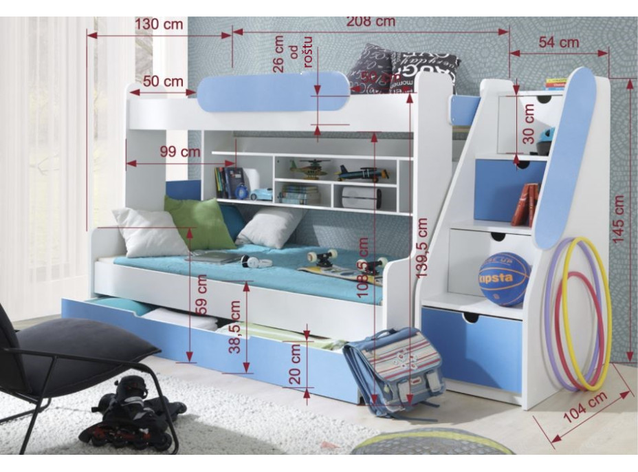 Detská poschodová posteľ s rozšíreným spodným lôžkom a šuplíkom SEGAN bielo-modrá - 200x90/120 cm