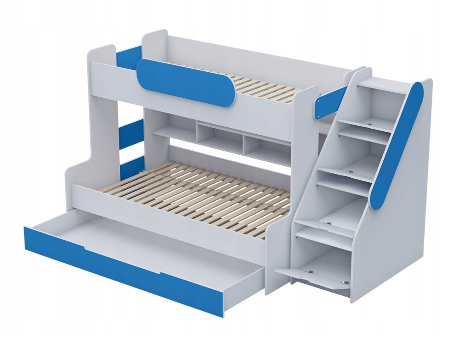 Detská poschodová posteľ s rozšíreným spodným lôžkom a šuplíkom SEGAN bielo-modrá - 200x90/120 cm