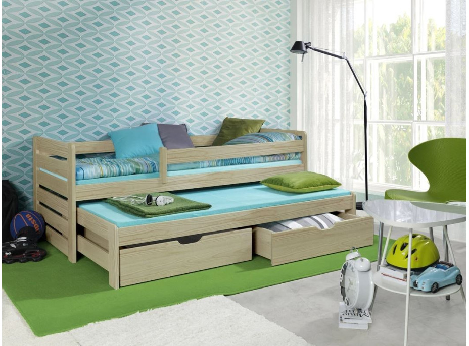 Detská posteľ z masívu borovice TOMÁŠ II s prístelkou a šuplíky - 200x90 cm - prírodná borovica