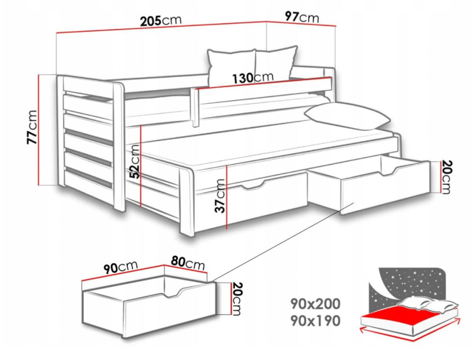 Detská posteľ z masívu borovice TOMÁŠ II s prístelkou a šuplíkmi - 200x90 cm - biela