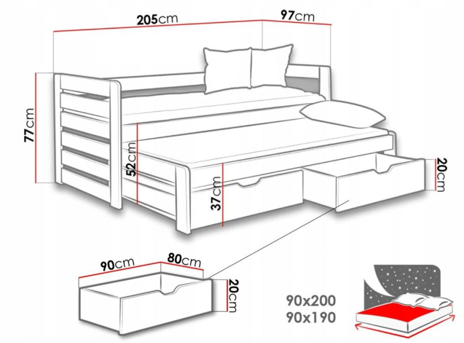 Detská posteľ z masívu borovice TOMÁŠ s prístelkou a šuplíkmi - 200x90 cm - biela