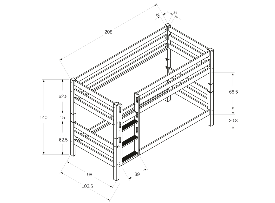 Detská poschodová posteľ z MASÍVU BUK - MARK 200x90cm - biela