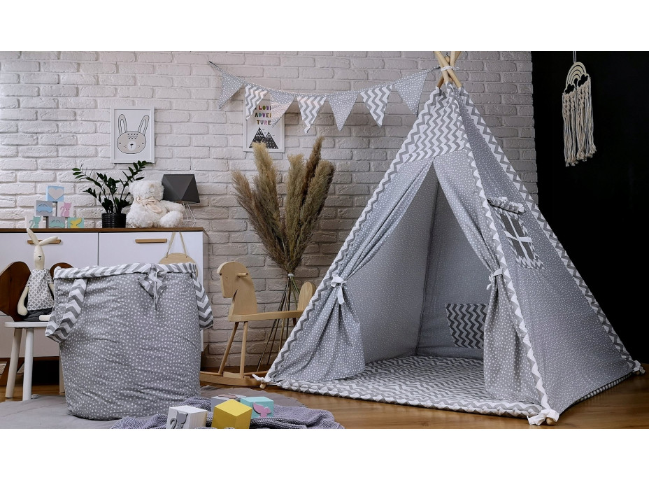 Detský stan TEEPEE (TÝPIE) STARS s doplnkami - cik-cak/sivý