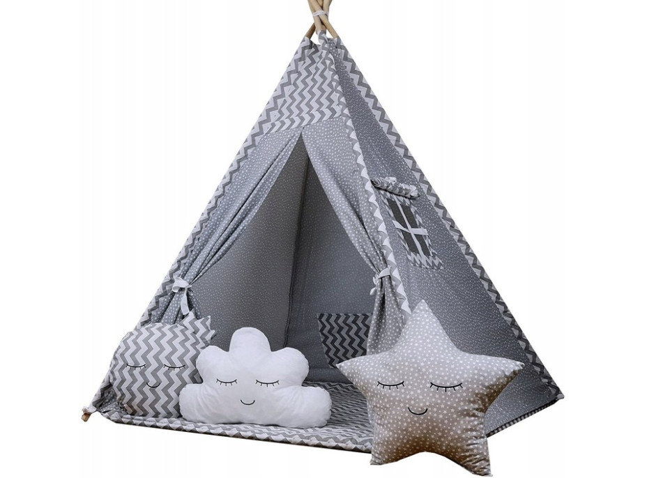 Detský stan TEEPEE (TÝPIE) STARS s doplnkami - cik-cak/sivý