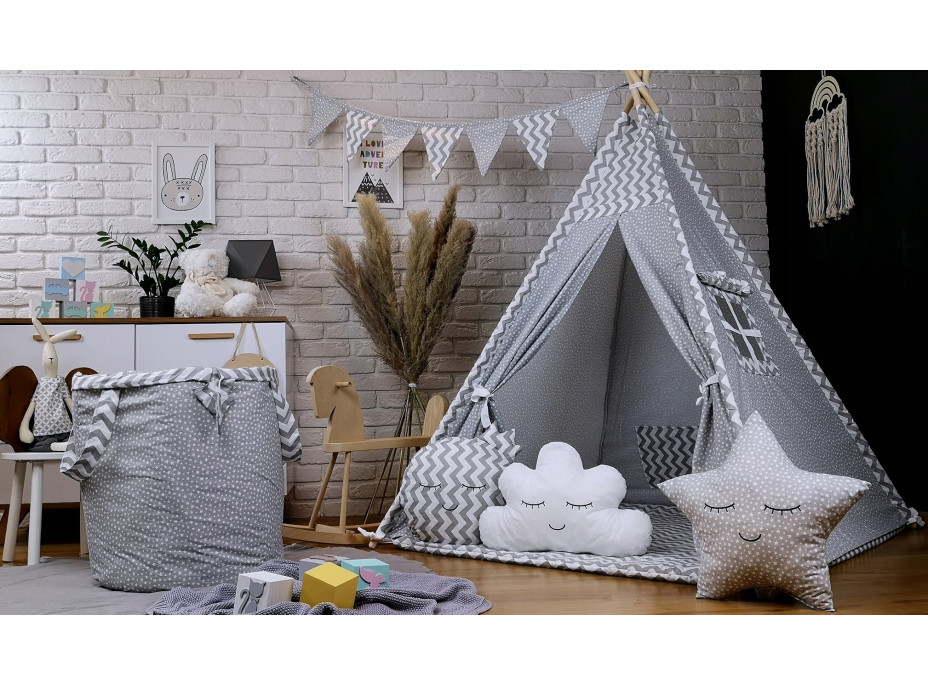 Detský stan TEEPEE (TÝPIE) STARS s doplnkami - cik-cak/sivý