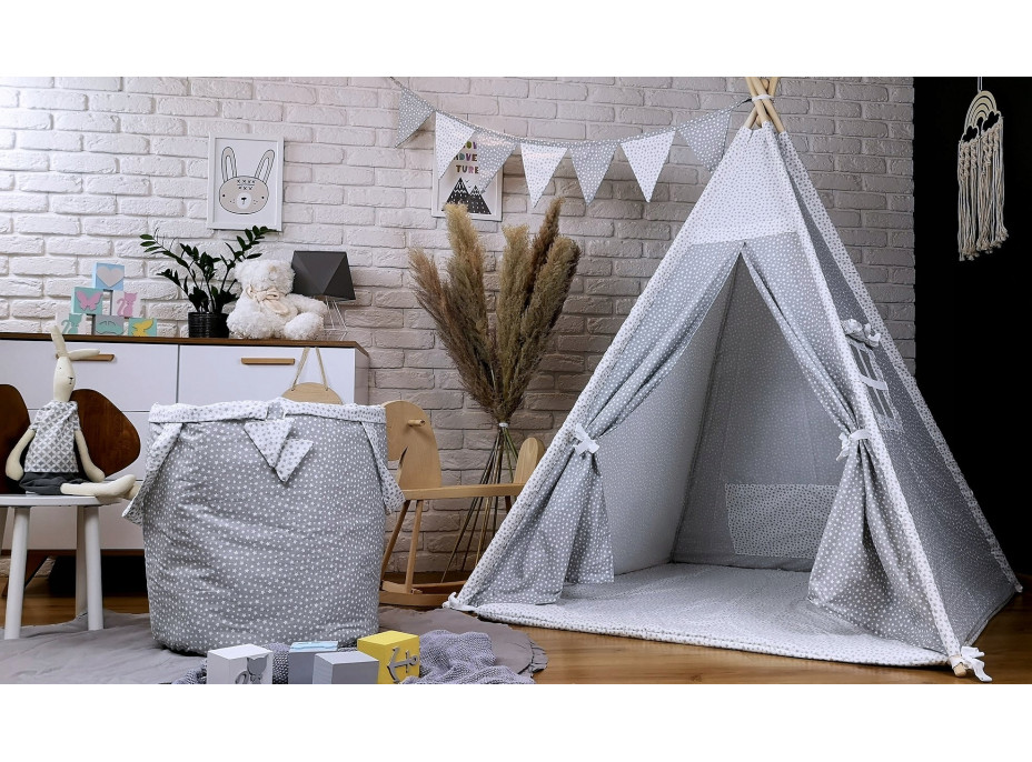 Detský stan TEEPEE (TÝPIE) STARS s doplnkami - šedý/biely