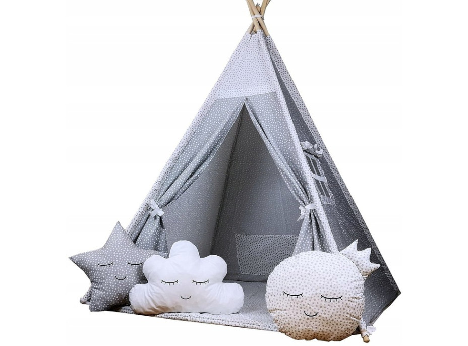 Detský stan TEEPEE (TÝPIE) STARS s doplnkami - šedý/biely