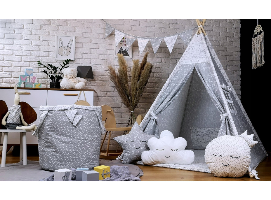Detský stan TEEPEE (TÝPIE) STARS s doplnkami - šedý/biely