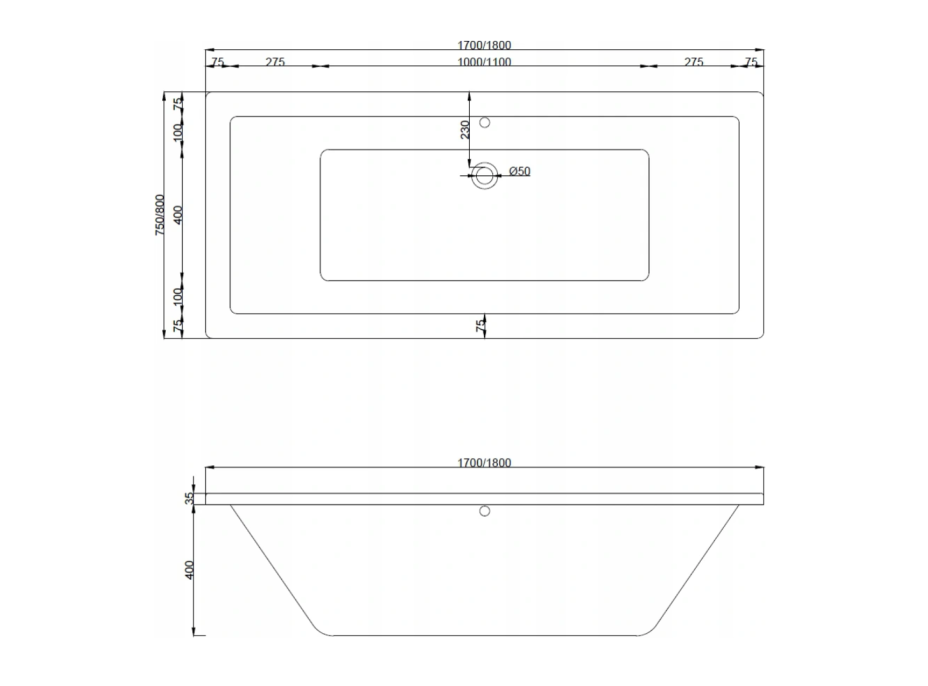 Obdĺžniková akrylátová vaňa MEXEN CUBE 170x80 cm - biela, 55051708000