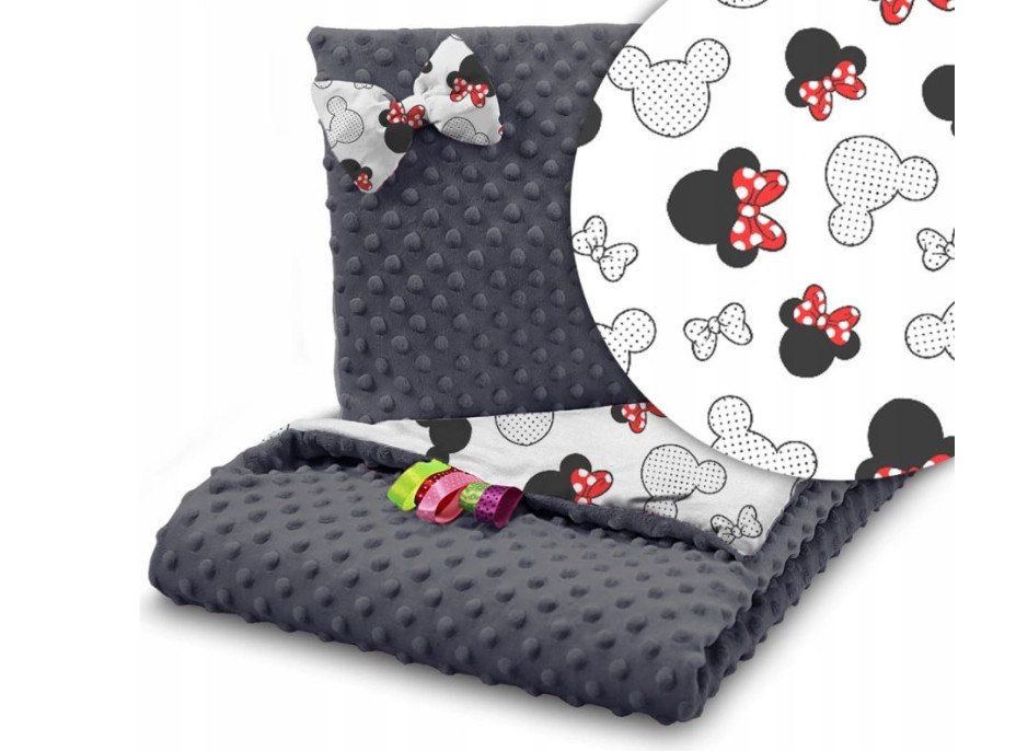 Detská deka do kočíka s vankúšikom a motýlikom - BABYMAM PREMIUM set 3v1 - Myška Minnie s grafitovou minky