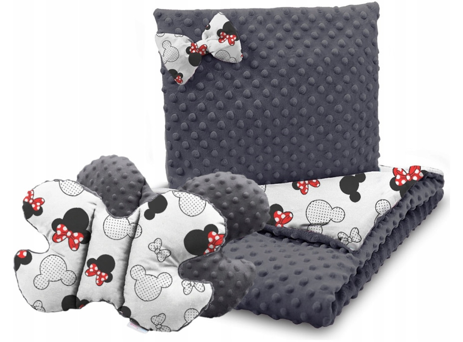 Detská deka do kočíka s vankúšikom a motýlikom - BABYMAM PREMIUM set 3v1 - Myška Minnie s grafitovou minky