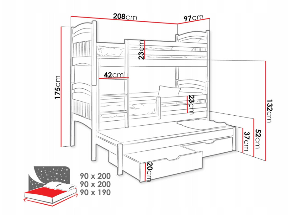 Detská poschodová posteľ z masívu borovice JAKUB III s prístelkou a zásuvkami - 200x90 cm - prírodná borovica