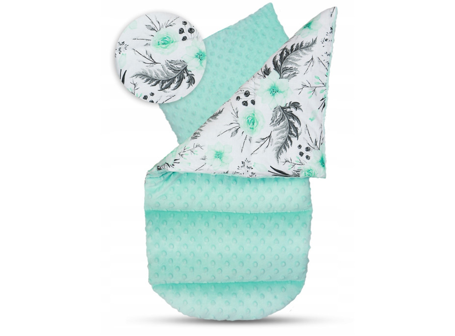 Obojstranné hniezdočko (kokon) pre bábätko - BABYMAM PREMIUM set 7v1 - Mätové kvety v záhrade s mätovou minky