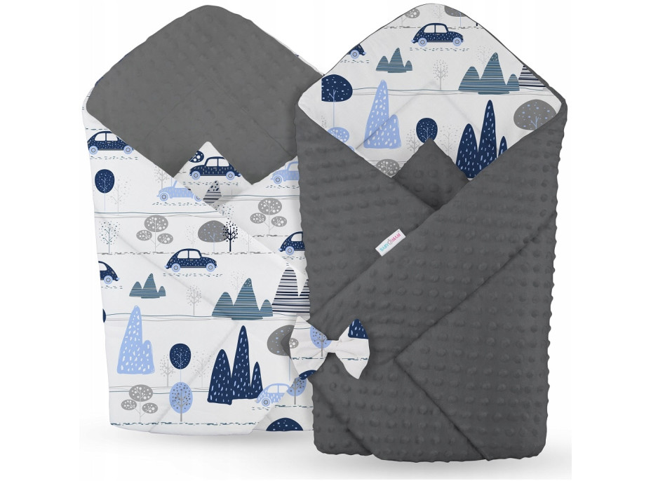 Obojstranná zavinovačka pre bábätká 80x80 cm BABYMAM PREMIUM - Retro autíčka s grafitovou minky