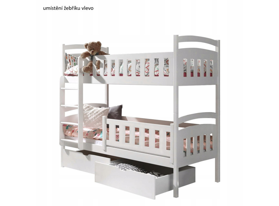 Detská poschodová posteľ z masívu borovice DOMINIK III s prístelkou a šuplíkmi - 200x90 cm -biela