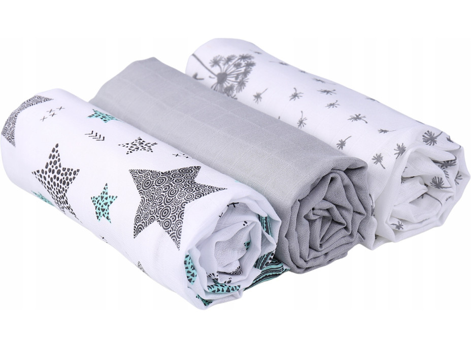 Detské mušelínové plienky PREMIUM 70x75 cm - sada 3 ks - Hviezdy a púpavy