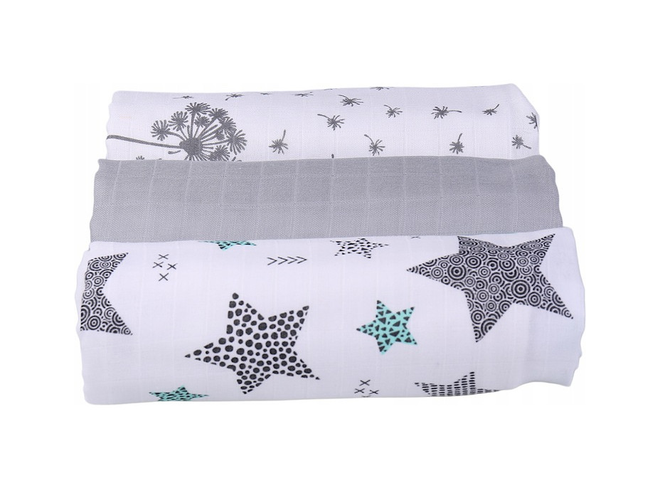 Detské mušelínové plienky PREMIUM 70x75 cm - sada 3 ks - Hviezdy a púpavy