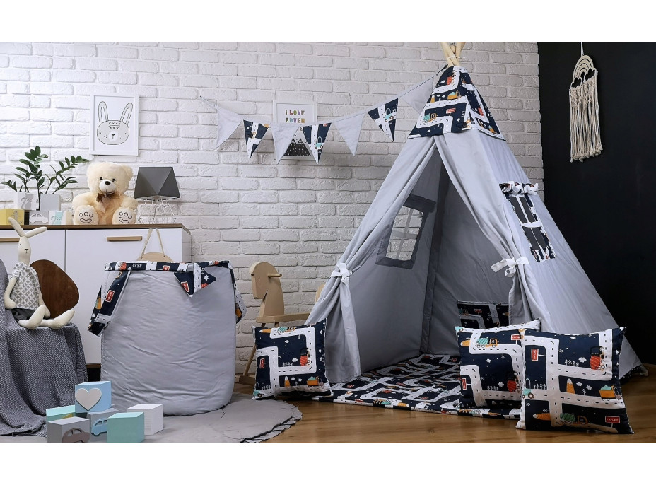 Detský stan TEEPEE (TÍPÍ) MESTEČKO s doplnkami - šedý