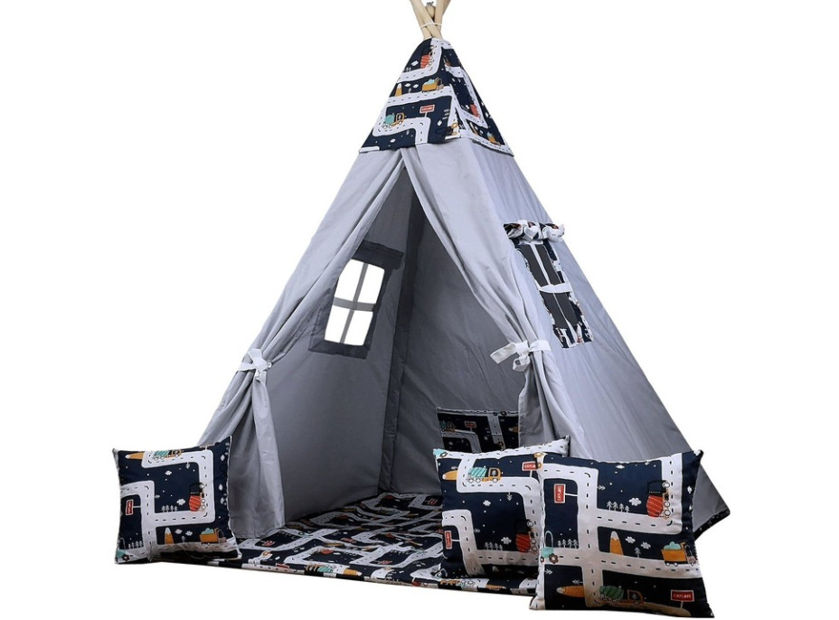 Detský stan TEEPEE (TÍPÍ) MESTEČKO s doplnkami - šedý