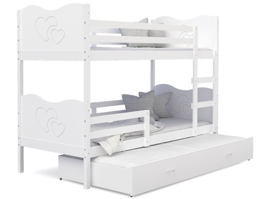Detská poschodová posteľ s prístelkou MAX Q - 190x80 cm - biela - srdiečka