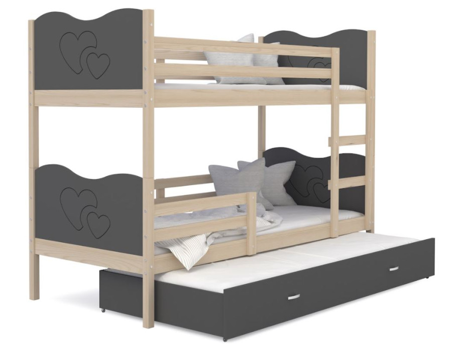 Detská poschodová posteľ s prístelkou MAX Q - 190x80 cm - sivá / borovica - srdiečka