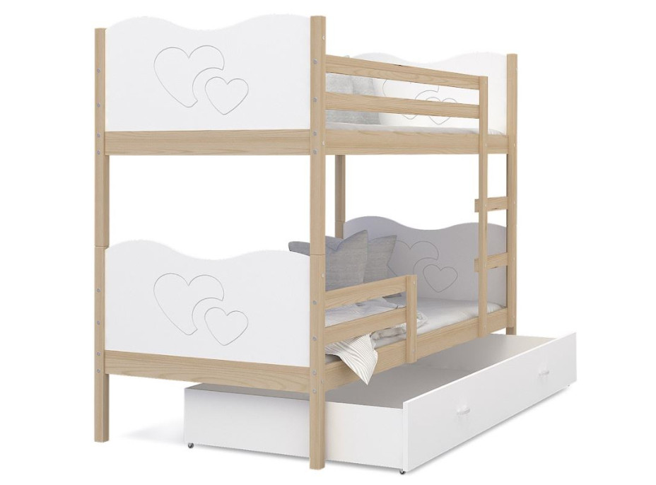 Detská poschodová posteľ so zásuvkou MAX R - 190x80 cm - biela / borovica - srdiečka