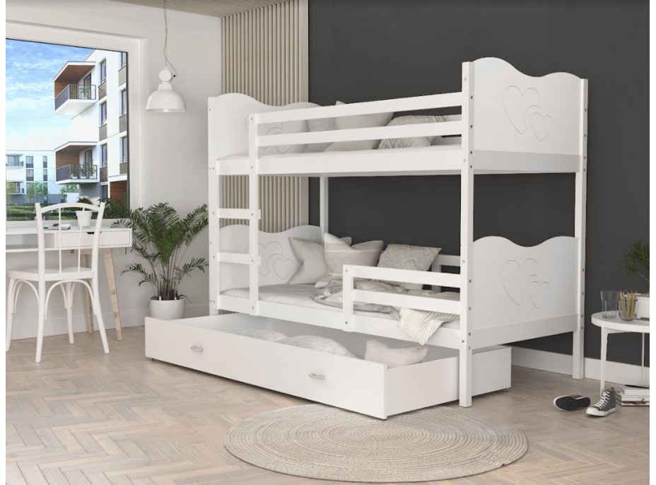 Detská poschodová posteľ so zásuvkou MAX R - 190x80 cm - biela - srdiečka