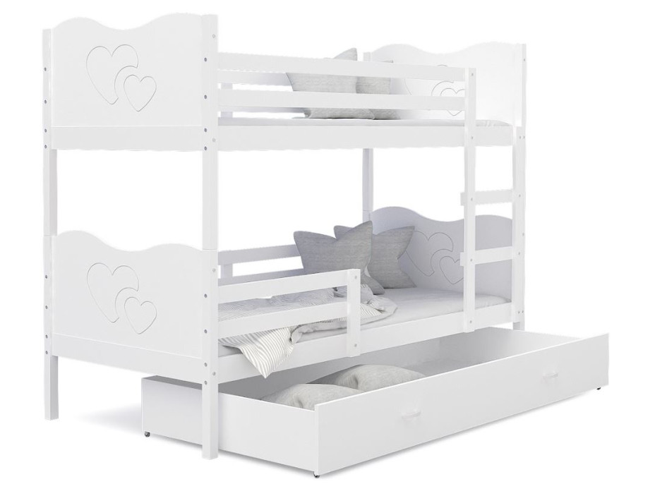 Detská poschodová posteľ so zásuvkou MAX R - 160x80 cm - biela - srdiečka