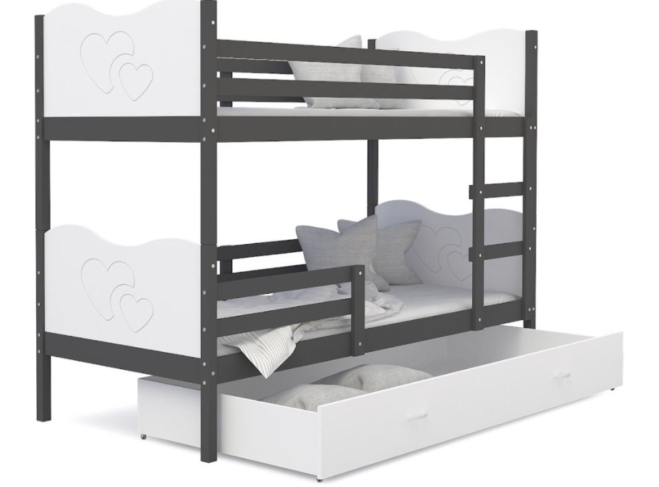 Detská poschodová posteľ so zásuvkou MAX R - 190x80 cm - bielo-sivá - srdiečka