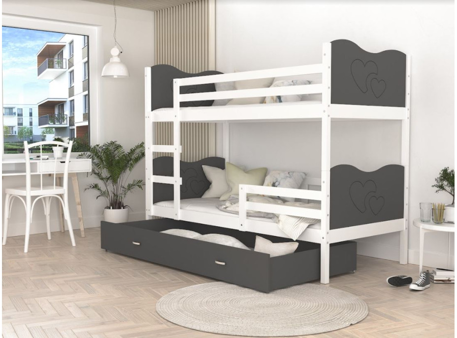 Detská poschodová posteľ so zásuvkou MAX R - 190x80 cm - šedo-biela - srdiečka