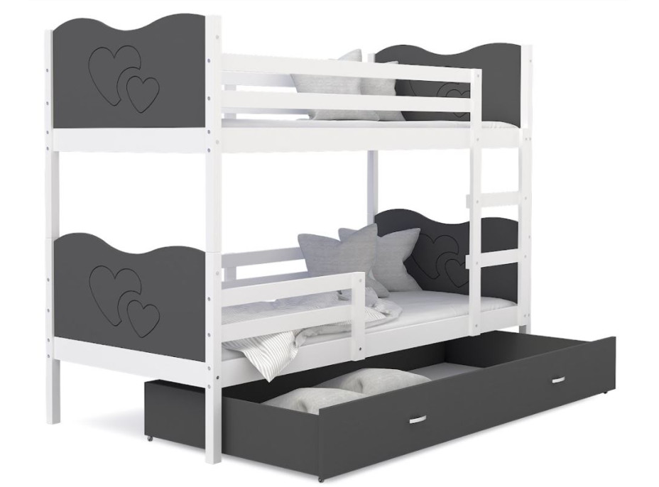 Detská poschodová posteľ so zásuvkou MAX R - 160x80 cm - šedo-biela - srdiečka
