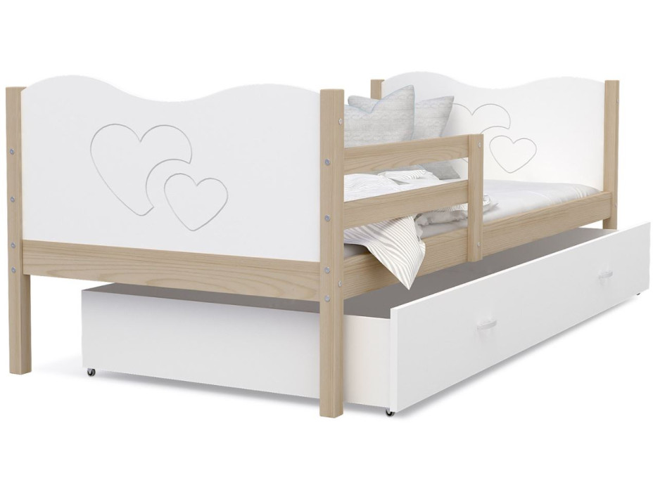 Detská posteľ so zásuvkou MAX S - 160x80 cm - biela / borovica - srdiečka