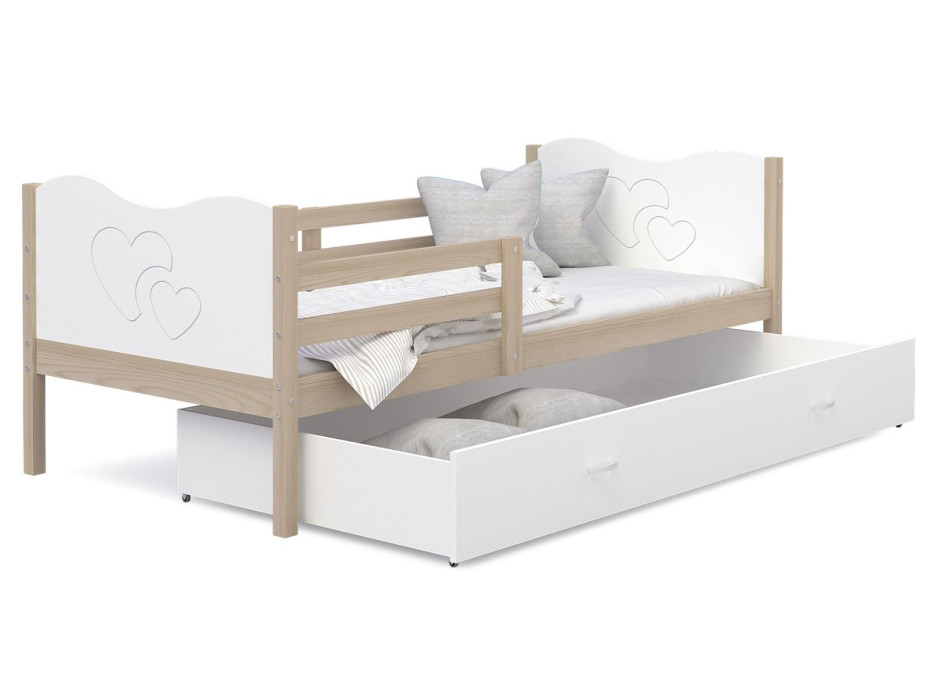 Detská posteľ so zásuvkou MAX S - 190x80 cm - biela / borovica - srdiečka