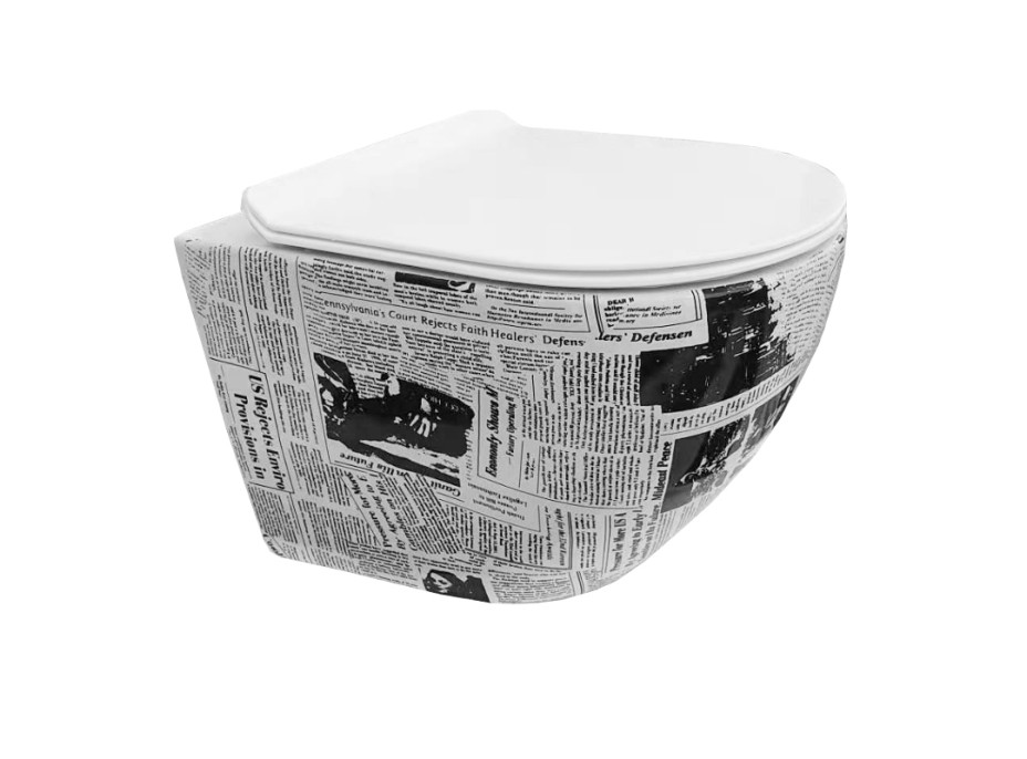 Závesné WC MEXEN LENA RIMLESS - biela s dekorom novín + Duroplast sedátko, 30224099