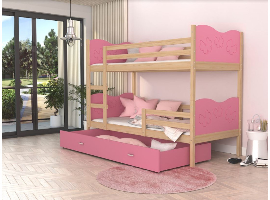 Detská poschodová posteľ so zásuvkou MAX R - 160x80 cm - ružová / borovica - motýle