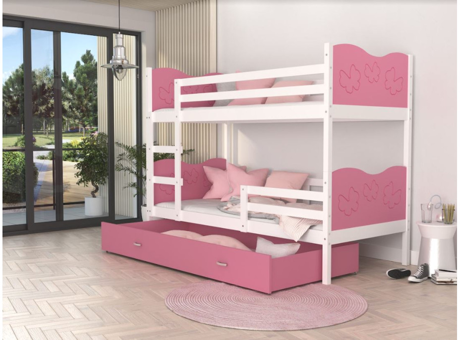 Detská poschodová posteľ so zásuvkou MAX R - 190x80 cm - ružovo-biela - motýle